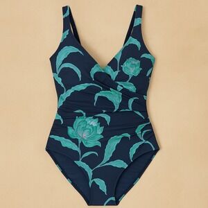 New Sundance Treviso One Piece Swimsuit Floral Twist Ruched Lined Cups XS Blue